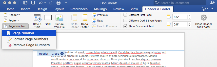 word for mac 2011 header footers